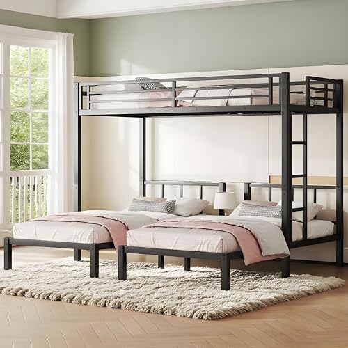 Twin Triple Bunk Bed, Heavy Duty Metal Bunk Bed with Guardrails, Ladder, Detachable Into 3 Twin Beds for Kids, Teens and Adults, Space-Saving Design