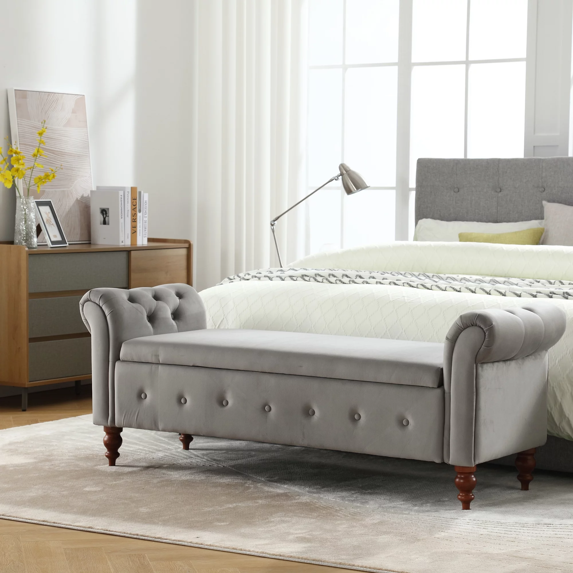 KINFFICT 63" Velvet End of Bed Bench for Bedroom, Upholstered Storage Ottoman Bench with Arms Entryway Bench with Storage for Living Room Bedroom