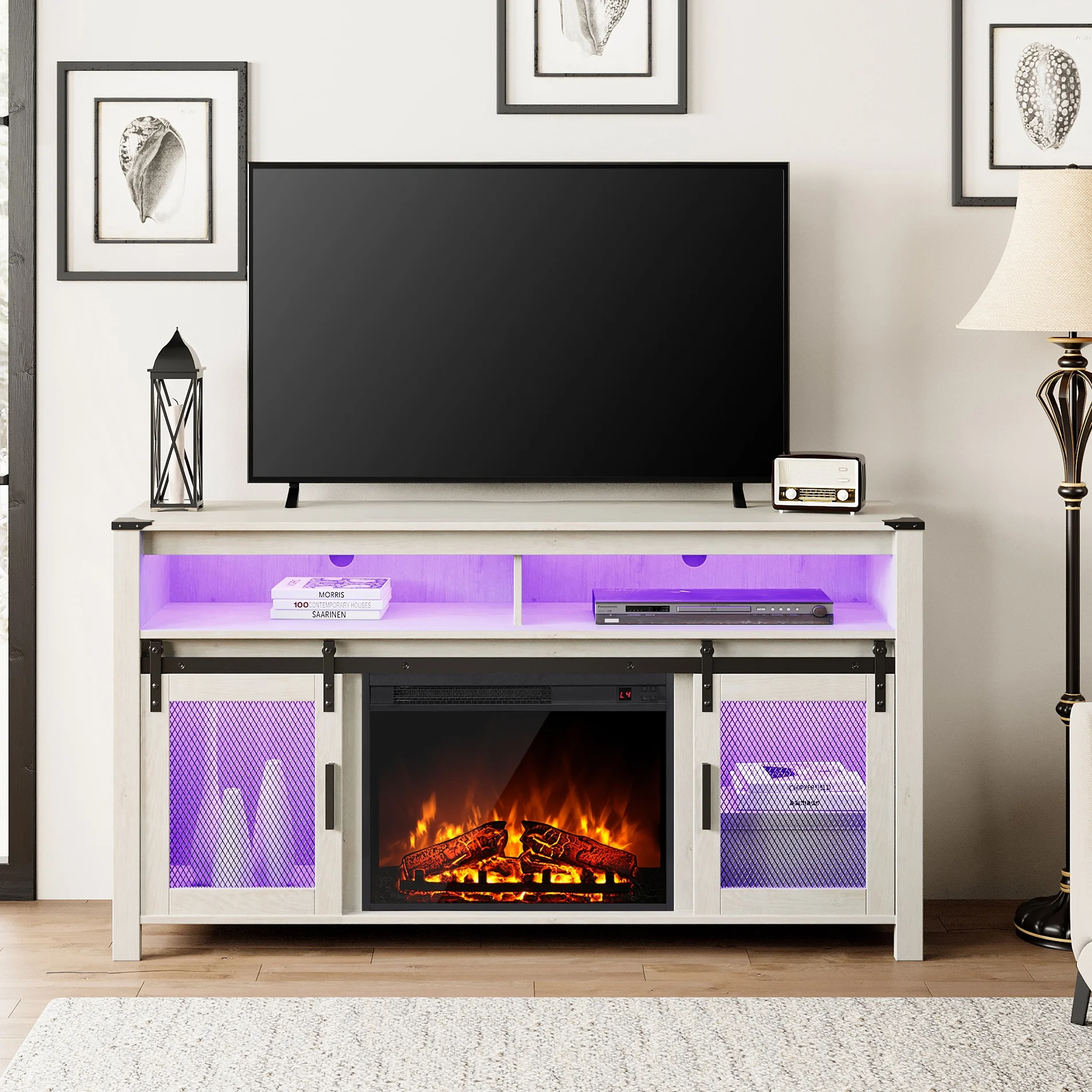 WAMPAT Farmhouse Fireplace TV Stand for 65+ Inch TV, Highboy Entertainment Center with 23" Electric Fireplace & Mesh Barn Doors