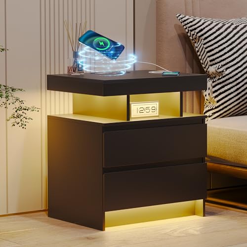 dnbss Nightstand with Wired/Wireless Charging Station, Auto LED Lighting Bedside Tables with Drawers