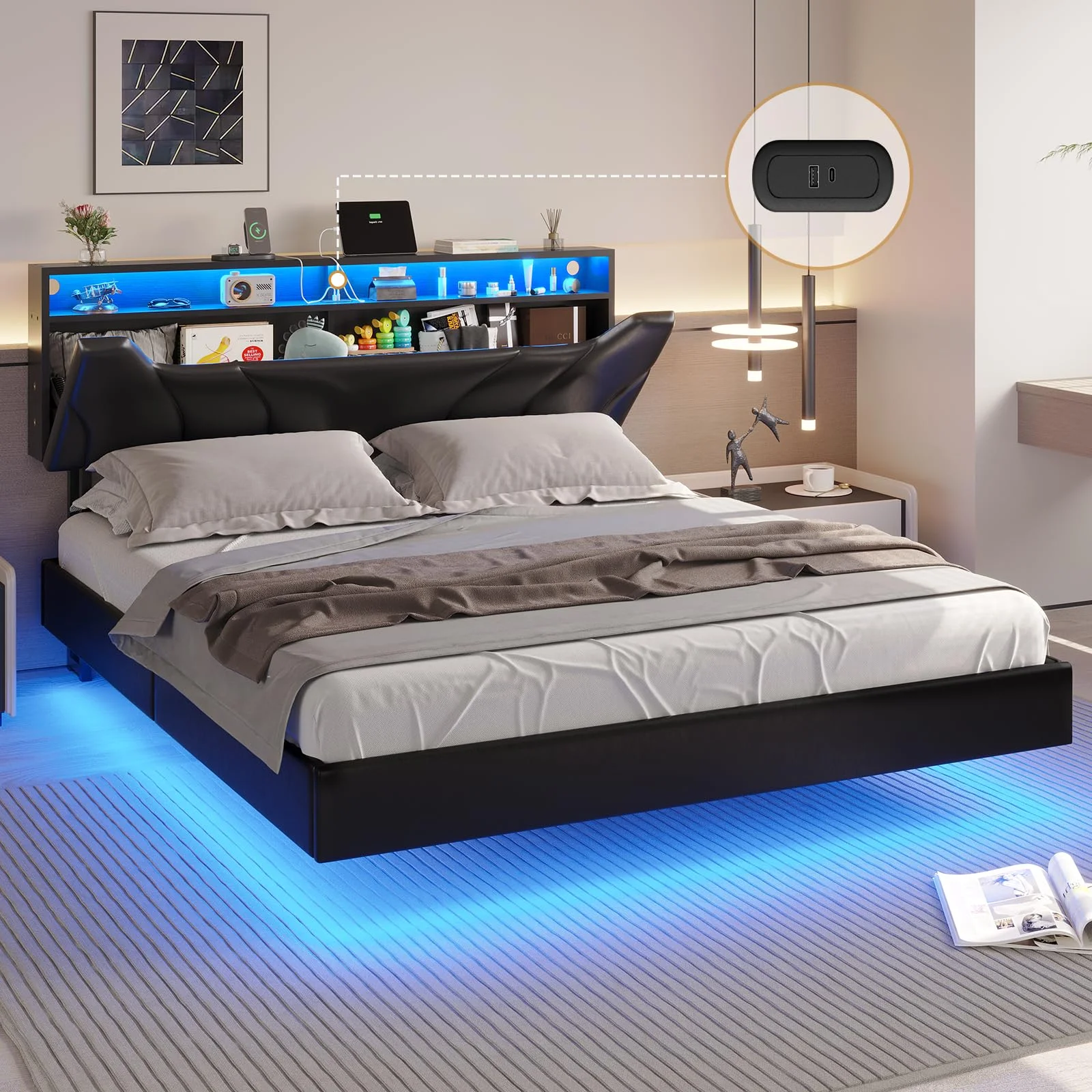 Queen Size Floating Bed Frame with Outlets, LED Upholstered Platform Bed with Storage Headboard, No Box Spring Needed, Black