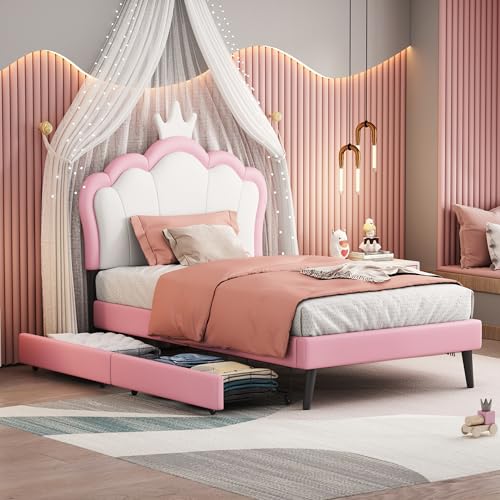 Twin Size PU Upholstered Princess Bed with Crown Headboard and Footboard,Wooden Storage Platform beds Frame,w/Wheel and 2 Drawers