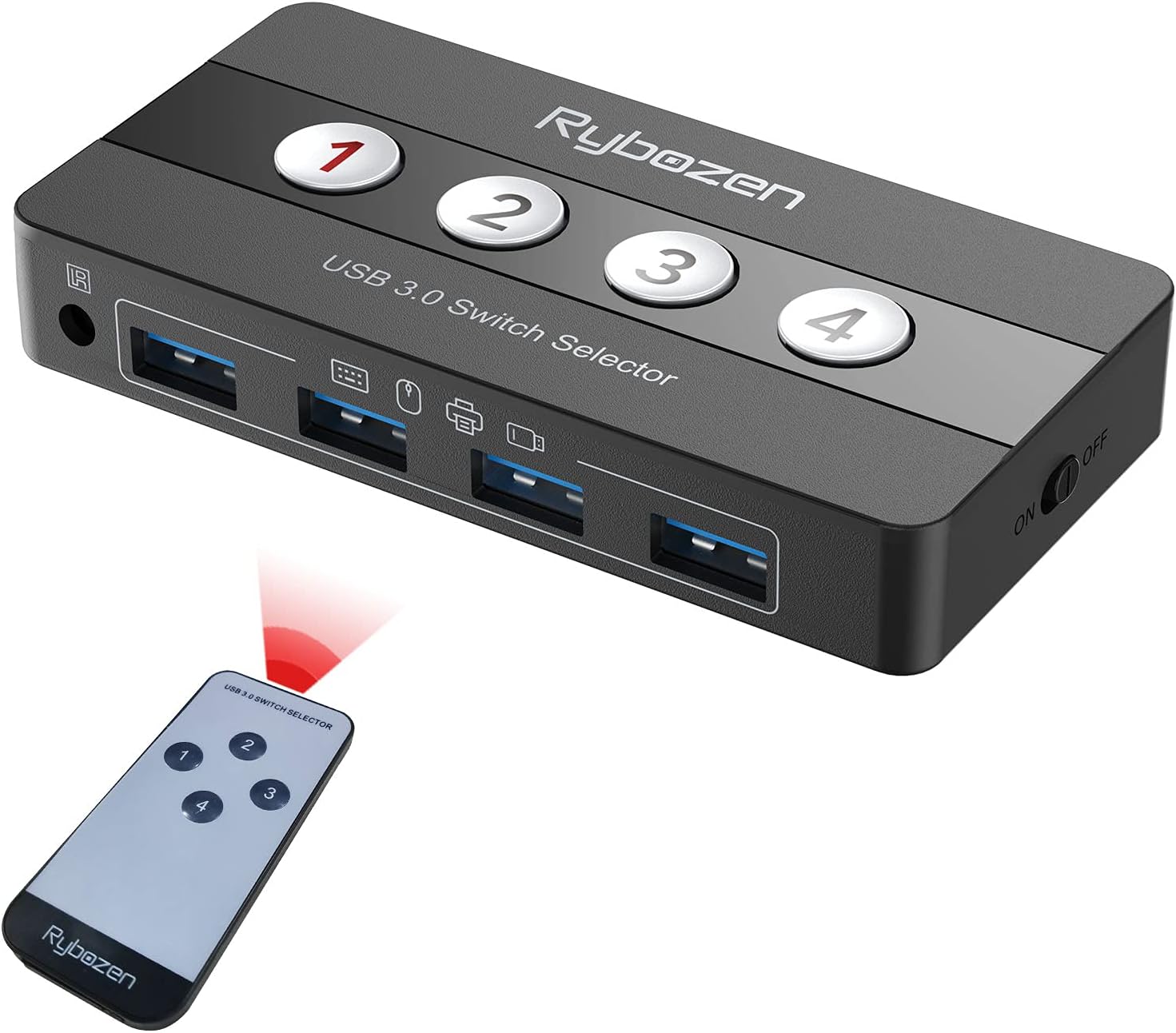 Rybozen USB 3.0 Switch Selector, 4 Port KM Switch USB Peripheral Switcher Box, 4 Computers Sharing 4 USB Devices, for PC, Printer, Scanner, Mouse