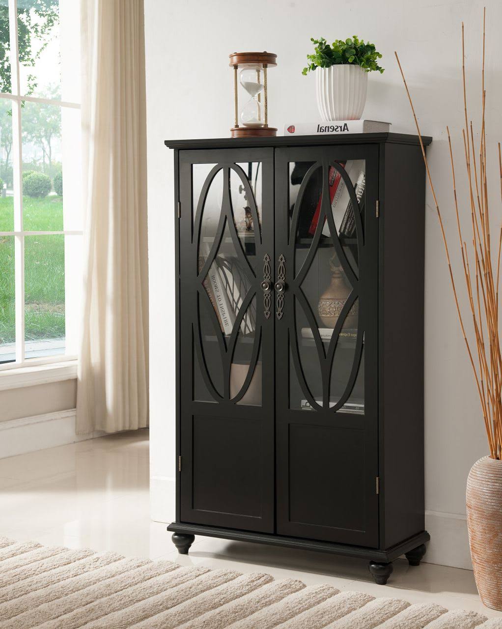 Pilaster Designs Black Wood Curio Bookcase Display Storage Cabinet with Glass Sliding Doors