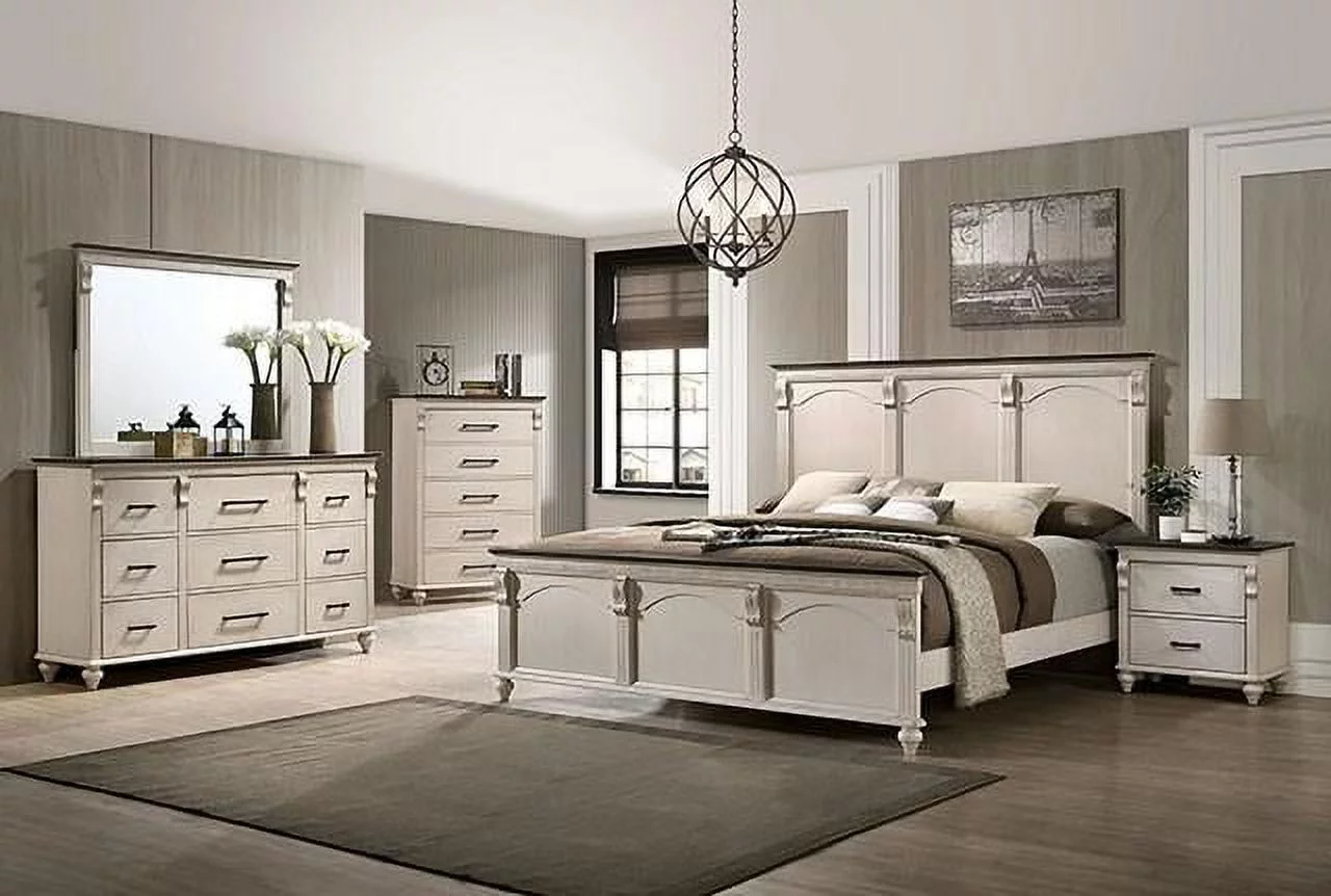Transitional Antique White Solid Wood Queen Bedroom Set 6pcs FOA CM7182 Agathon