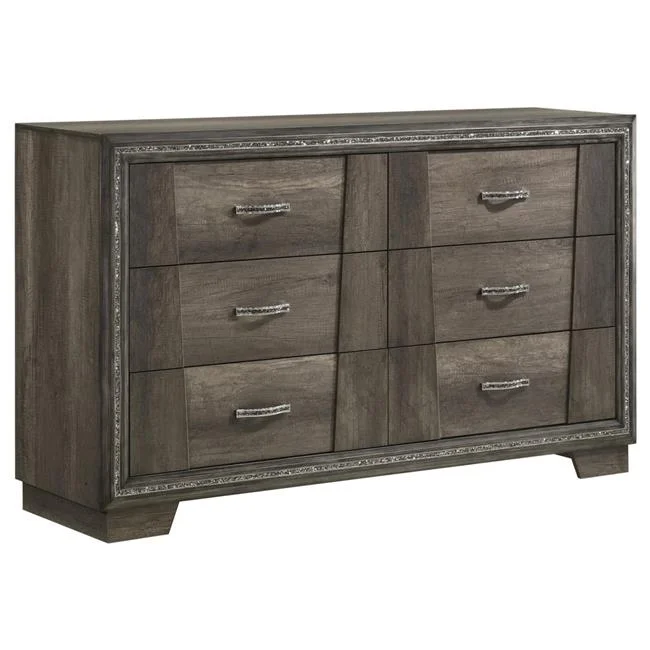 62 in. Janie Gray Pine Wood Felt Lining Wide Dresser with 6 Drawers