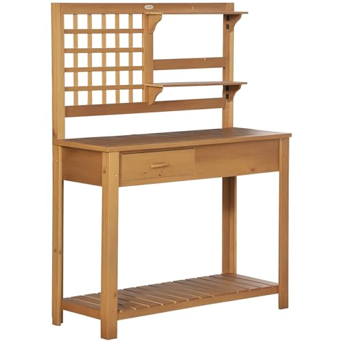 Outsunny Potting Bench Table, Garden Work Bench, Outdoor Wooden Workstation with Tiers of Shelves and Drawer for Patio, Courtyards, Balcony, Brown