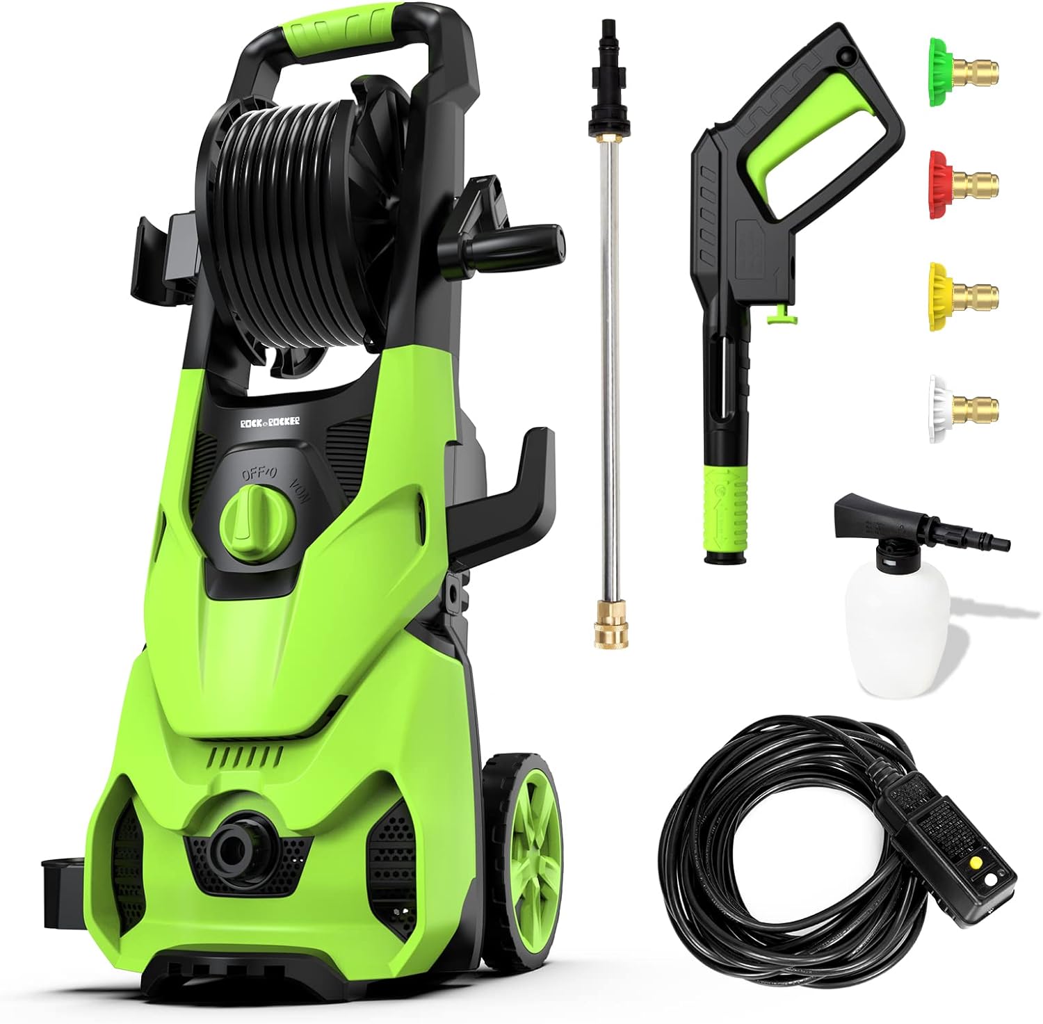 Rock&Rocker Powerful Electric Pressure Washer, 3500PSI Max 1.85 GPM Power Washer with Hose Reel, 4 Quick Connect Nozzles, Soap Tank