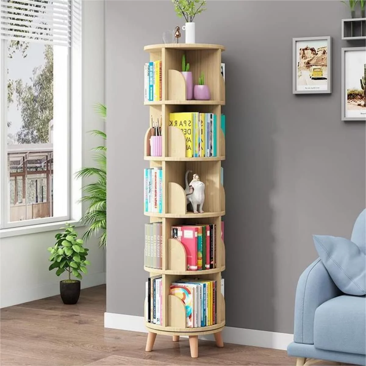 Miumaeov Upgraded 5 Tier Tall Rotating Bookshelf with Legs Large Stackable Bookshelf Wooden Storage Bookcases Book Display Rack Shelves for Study