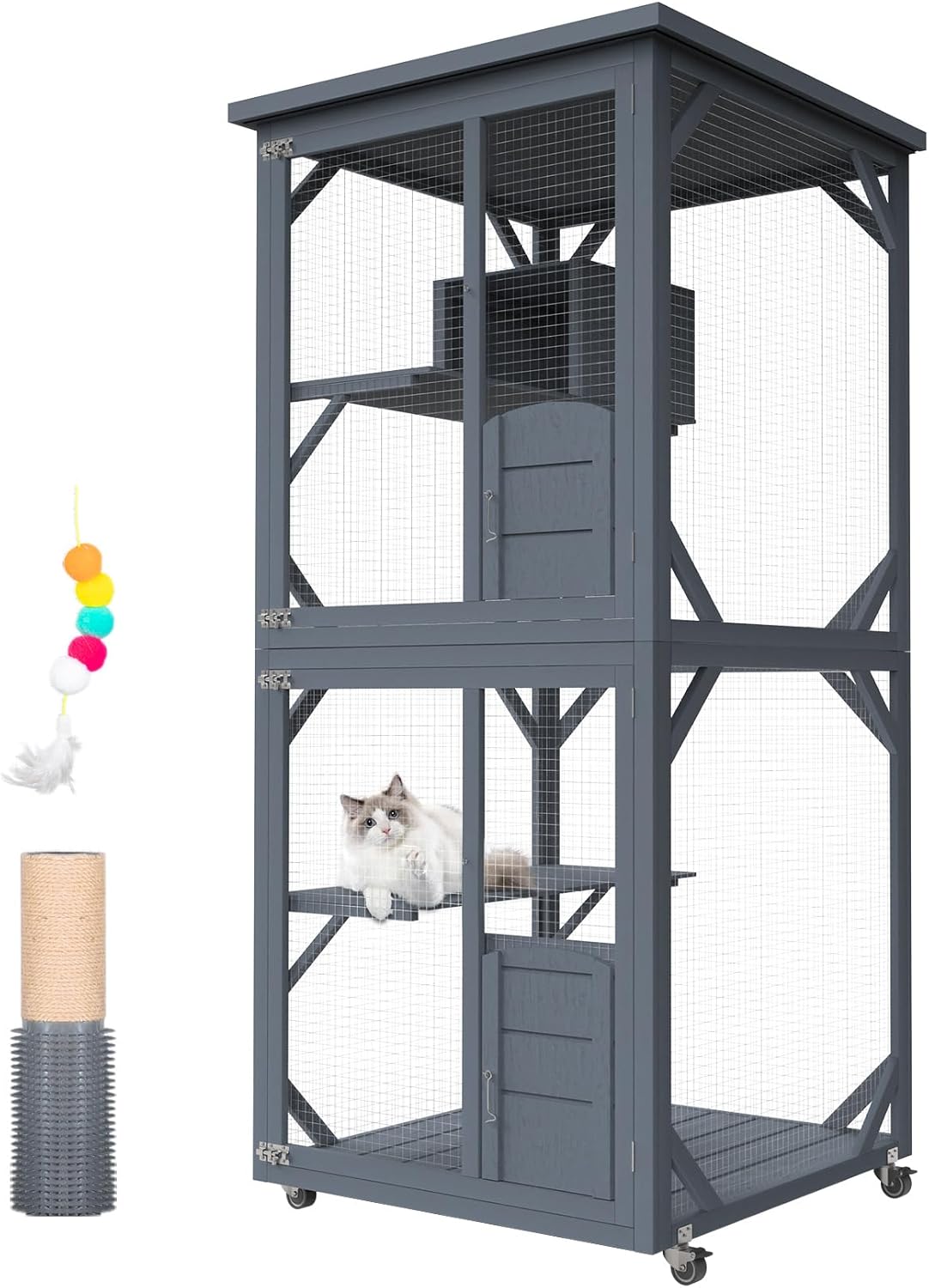 Catio Outdoor Cat House, Wooden Large Enclosure with Run on Wheels, 64" Outdoor/Indoor Cat Catio for Multiple Cats with Waterproof Roof, Platforms