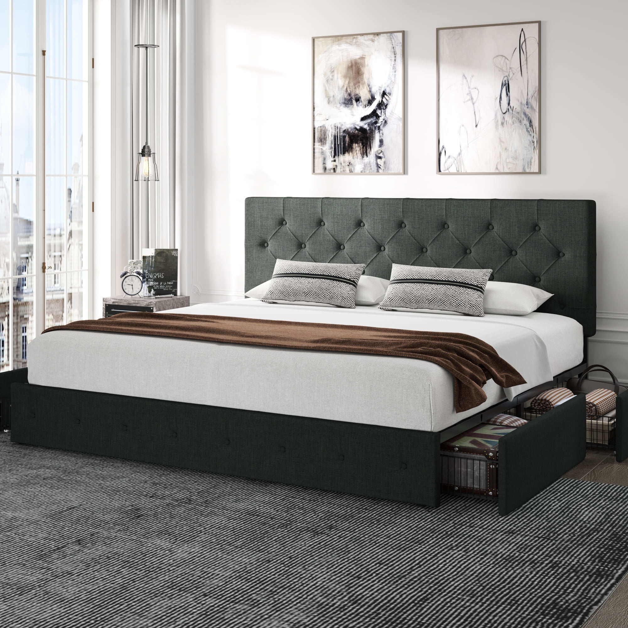Amolife King Size Platform Bed Frame with Headboard and 4 Drawers, Dark Grey - Radiant Selections