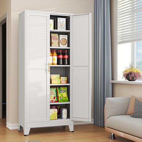 75.2”H Pantry Storage Cabinet, Kitchen Storage Cabinets with Adjustable Feet and Shelves, Metal Pantry Cabinet for Kitchen, Living Room