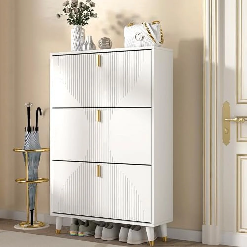 Shoe Cabinet for Entryway Slim  Narrow Shoe  Cabinet Hidden  White Shoe Organizer for Entryway  Thin Shoe Rack Cabinet with Door  Flip Drawer Shoe
