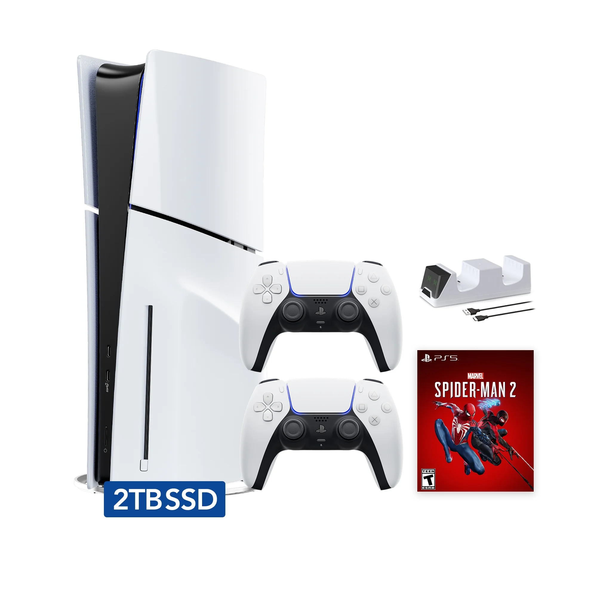 PlayStation 5 Slim Disc 2TB SSD Edition Marvel's Spider-Man 2 Bundle with Two DualSense Controllers and Mytrix Dual Controller Charger