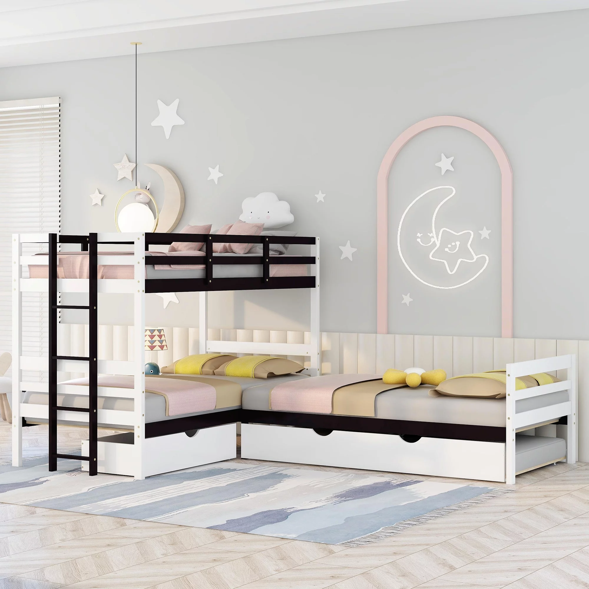L-Shaped Twin Bunk Bed and Platform Bed with Trundle and Drawer, White - Curated Treasures Market