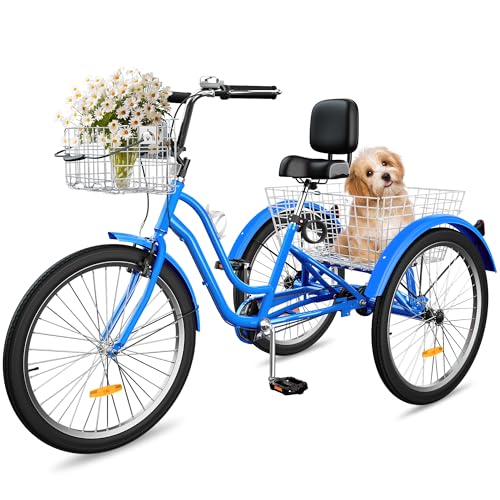 YITAHOME Adult Tricycle, 24 & 26 Inch 3-Wheel Bikes, 1 & 7 Speed Trike for Adults, Low Step-Through Cruiser Bike with Front and Rear Baskets
