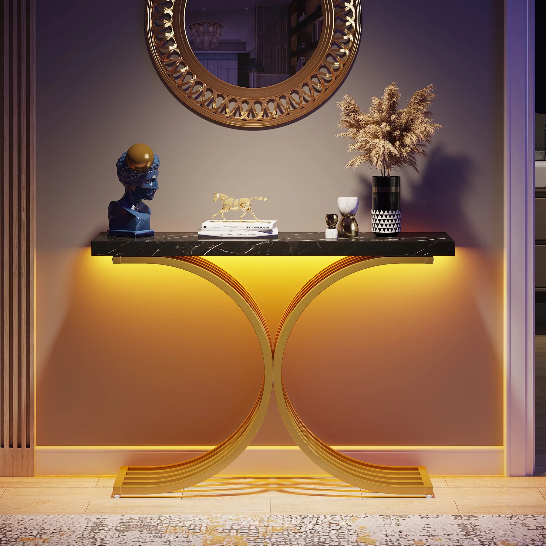 Tribesigns Gold Entryway Console Table with Led Light, Modern Foyer Entry Tables