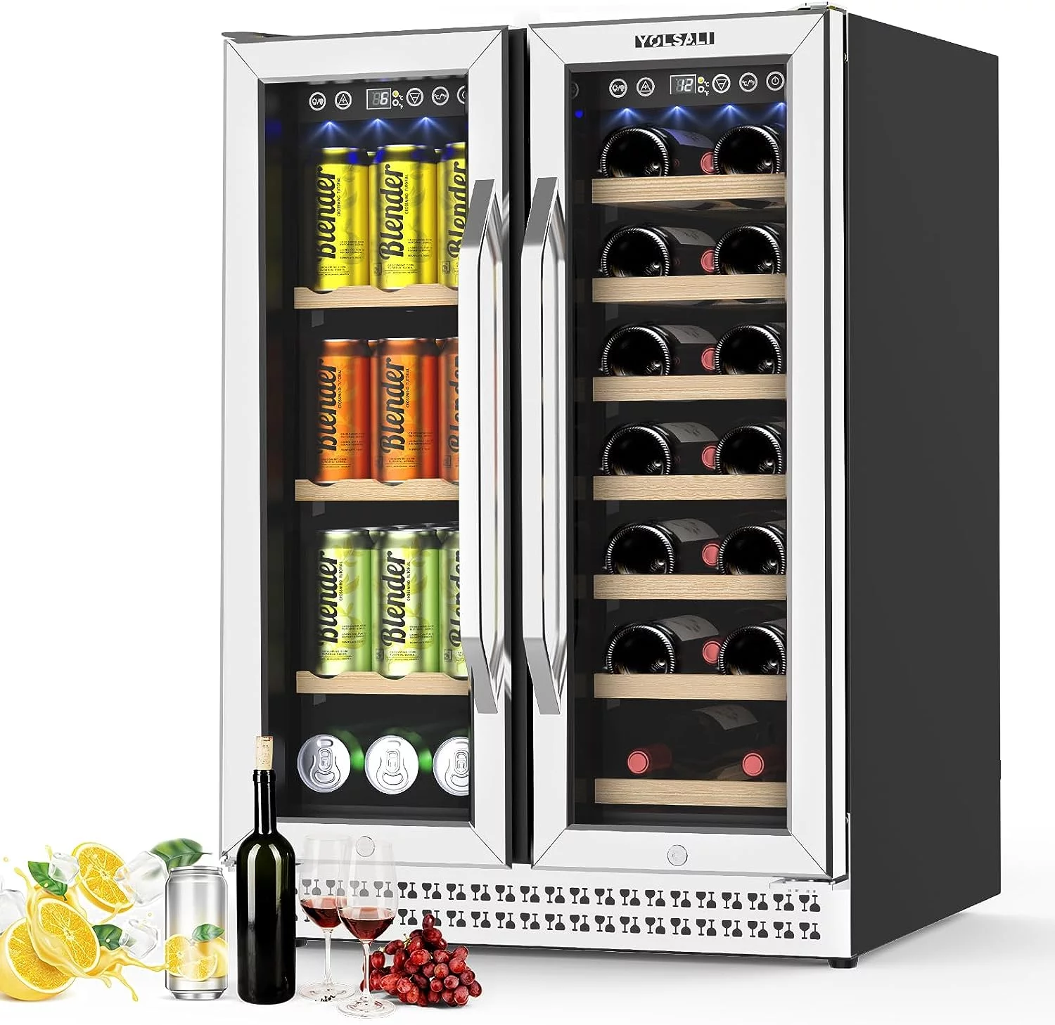 Yolsali 24 Inch Wine Cooler, Beverage Refrigerator, Dual Zone Wine Cooler Refrigerator with 2 Safety Locks, Adjustable Legs, Soft LED Light