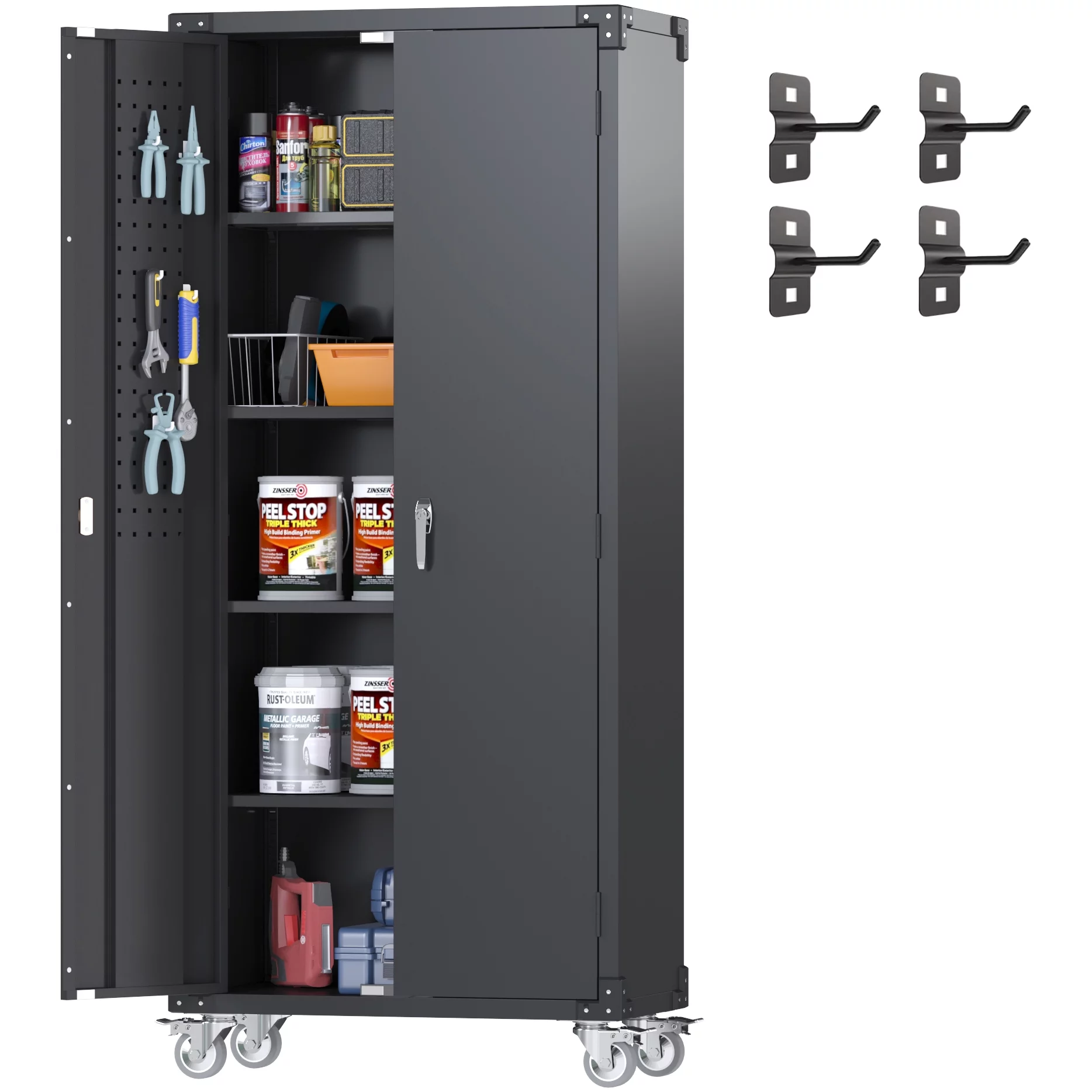 SUPEER 72 Inches Black Metal Storage Cabinet with Wheels and Pegboard, Rolling Storage Garage Cabinet with Adjustable Shelves and Door for Garage