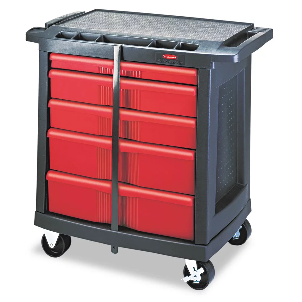 Rubbermaid® 773488 Five-Drawer Mobile Work Center, Black/Red (RCP773488)
