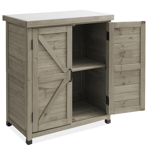 Casafield Outdoor Garden Potting Bench with Metal Tabletop and Storage Cabinet - Wooden Outdoor Garden Patio Workstation Table, Gray