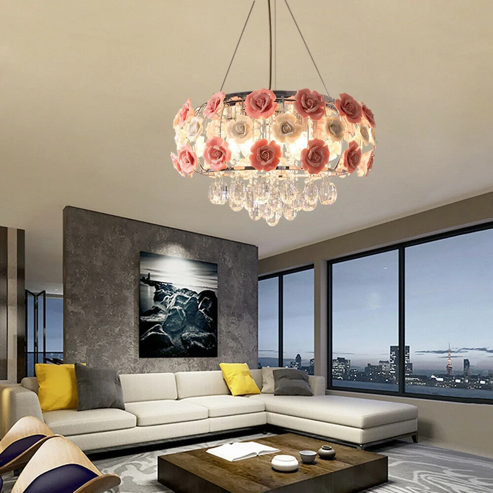 Ceiling Light Romantic Pink Rose Flower Chandelier Crystal Pendant Lamp E12/E14 for Bedroom