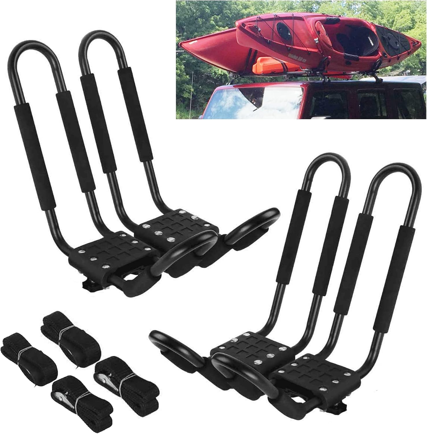 PIRIPARA Kayak Roof Rack 2 Pairs J-Bar Carrier Holder for Canoe, SUV, Cars, Truck, Car Top Mount Racks for Trip, Set of 4 Pack of 2