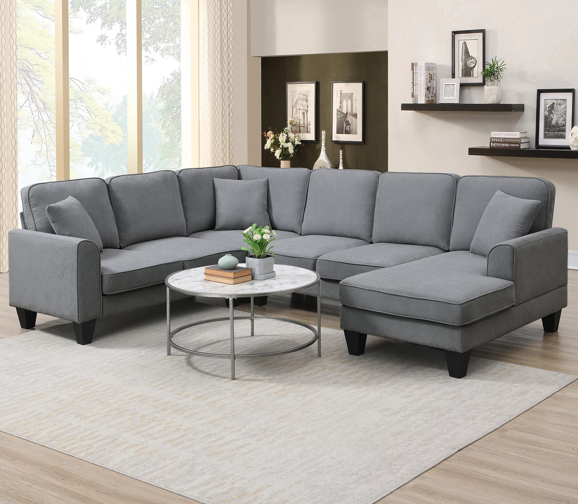 Euroco U Shape Sectional Sofa 7 Seat Modern Living Room Sofa Set with 3 Pillows, 108"x85.5", Dark Gray