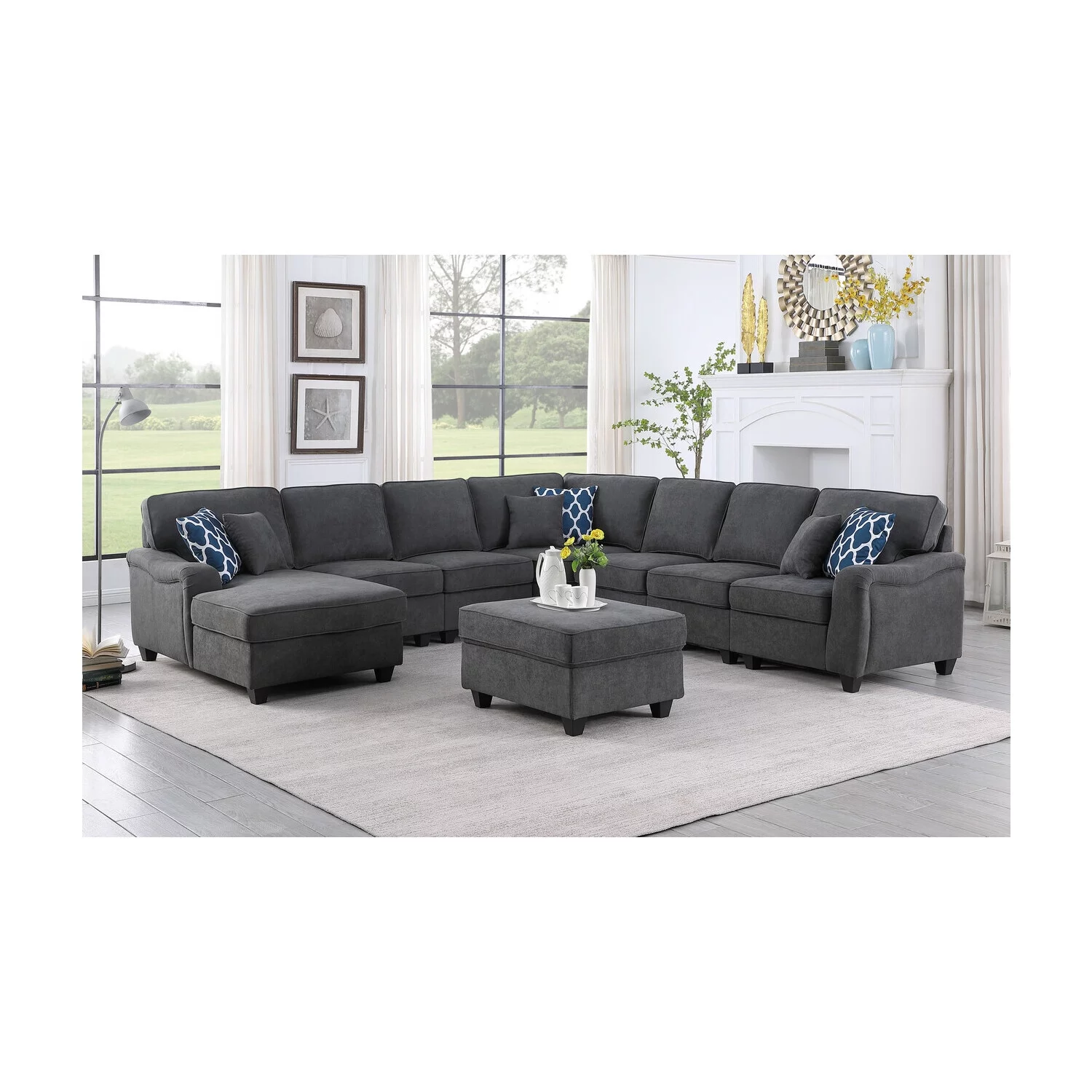 Homestock Baroque Beauty Dark Gray Woven 8Pc Modular L-Shape Sectional Sofa Chaise and Ottoman - Curated Treasures Market