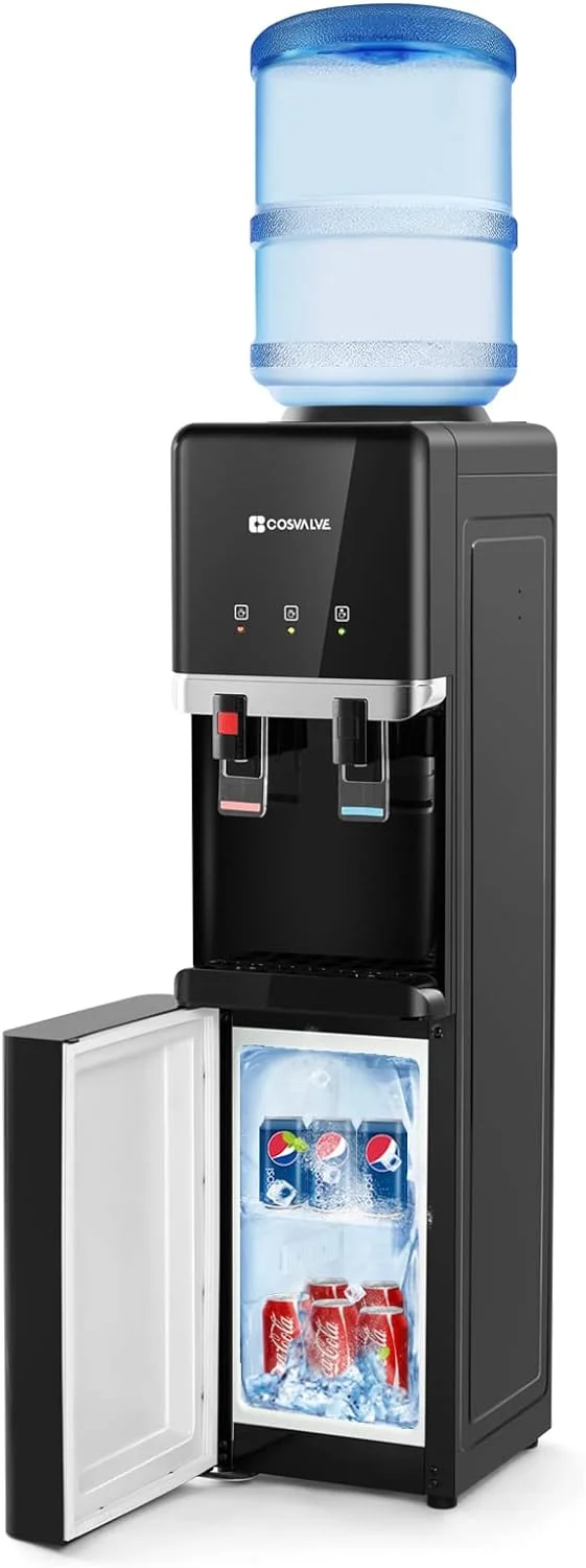 Water Cooler Dispenser, 5 Gallon Top Loading Hot/Cold Water Cooler, Compression Refrigeration w/Freezer Cabinet, Child Safety Lock for Home Office
