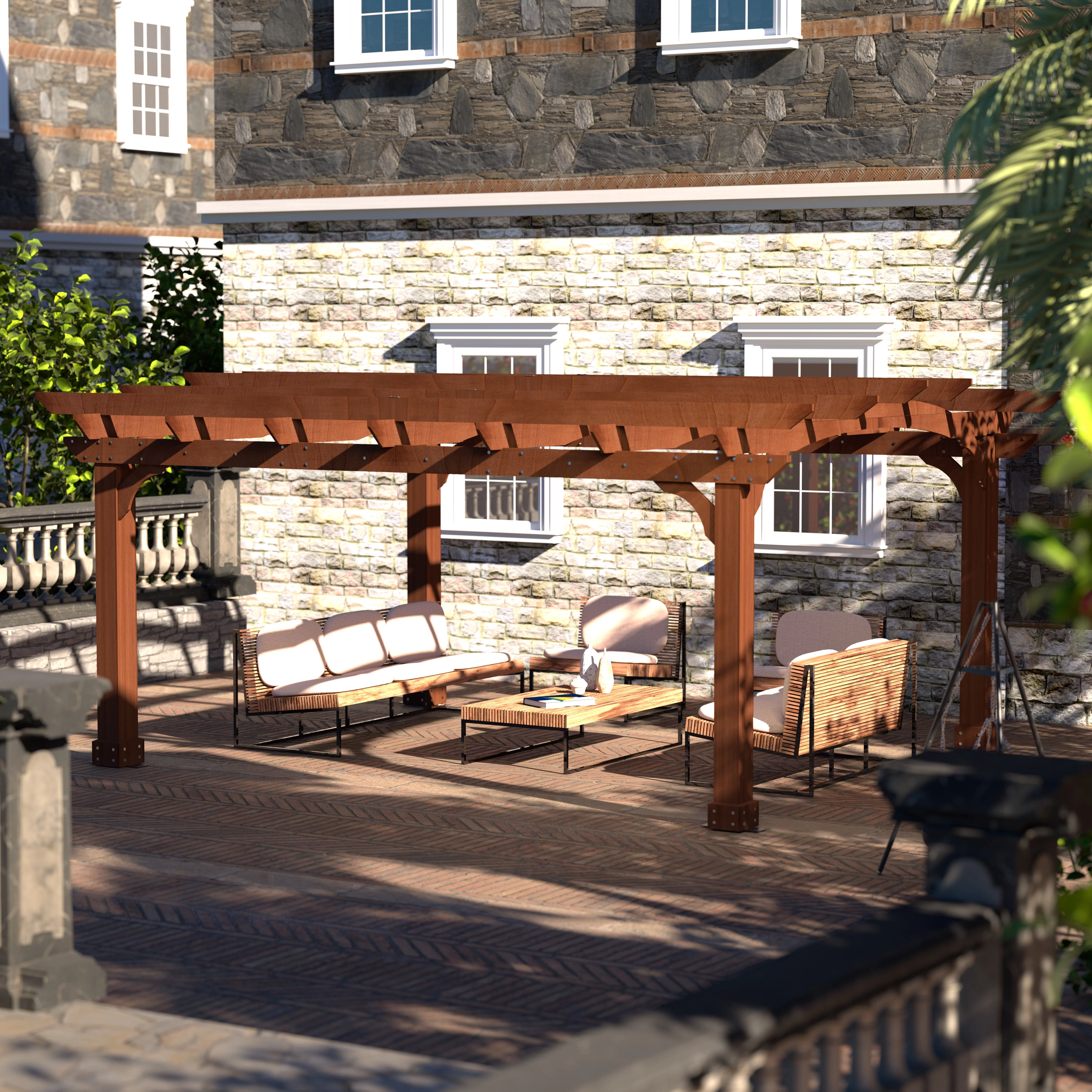 VEIKOUS 12' x14' Cedar Wood Pergola w/ Arched Roof and Ground Stakes for Outdoor Patio, Garden, Deck