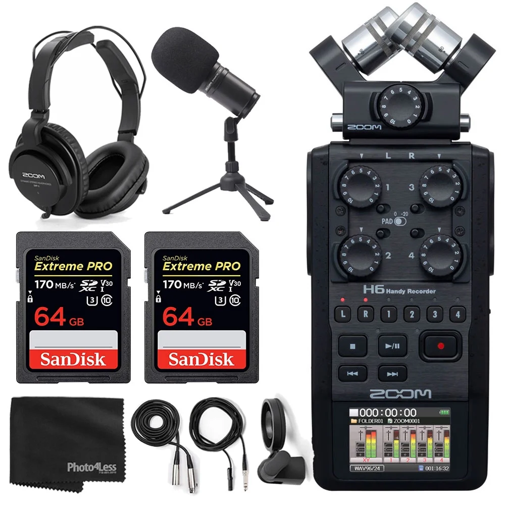 Zoom H6 All Black Six Track Portable Recorder Podcasting Bundle with Zoom Dynamic Mic + Headphones + Accessories