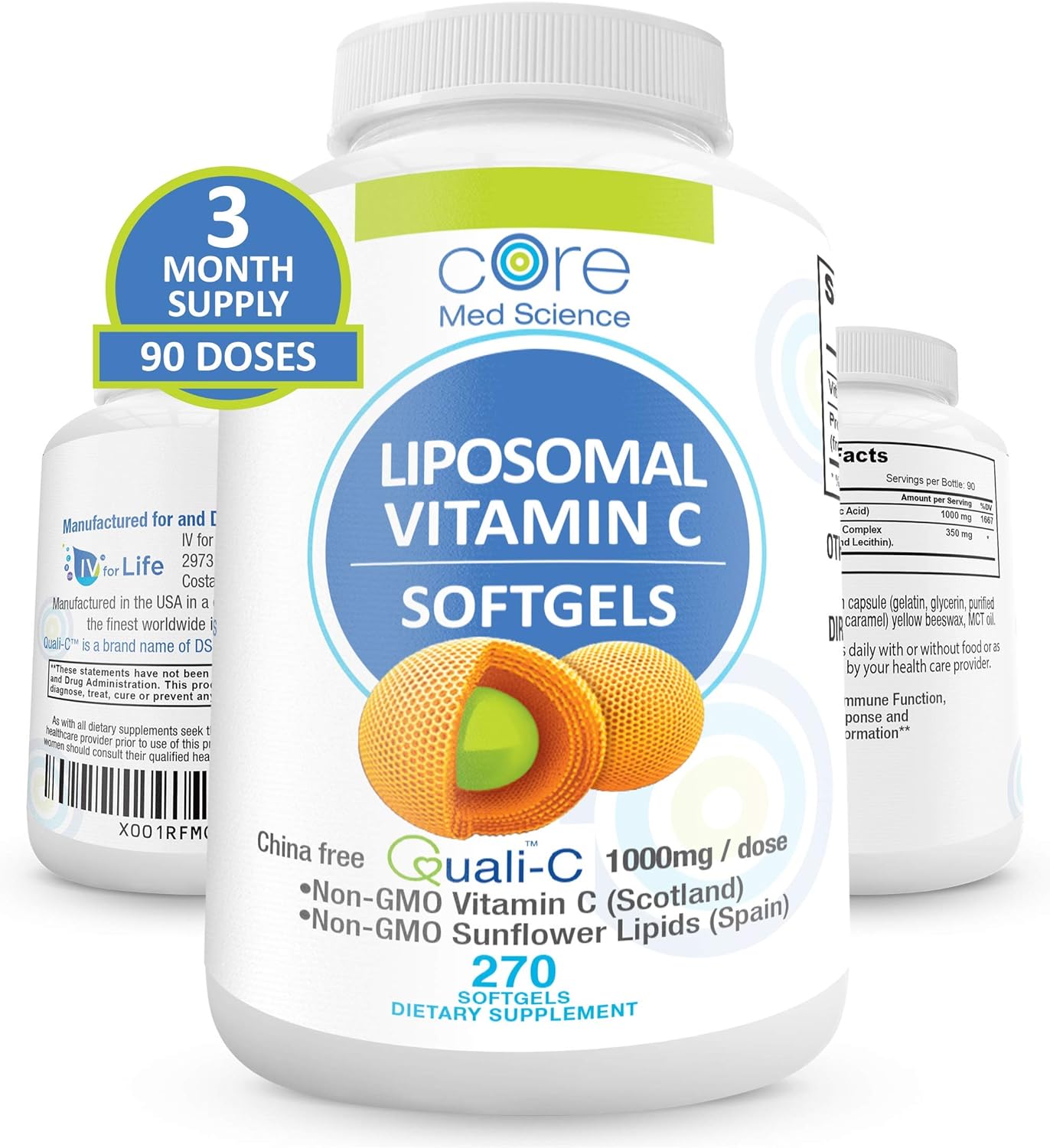 Core Med Liposomal Vitamin C Softgels 1000mg/dose - Quali®-C Vitamin C (Non-GMO) - USA Made - Immunity Support, Collagen Booster Supplement