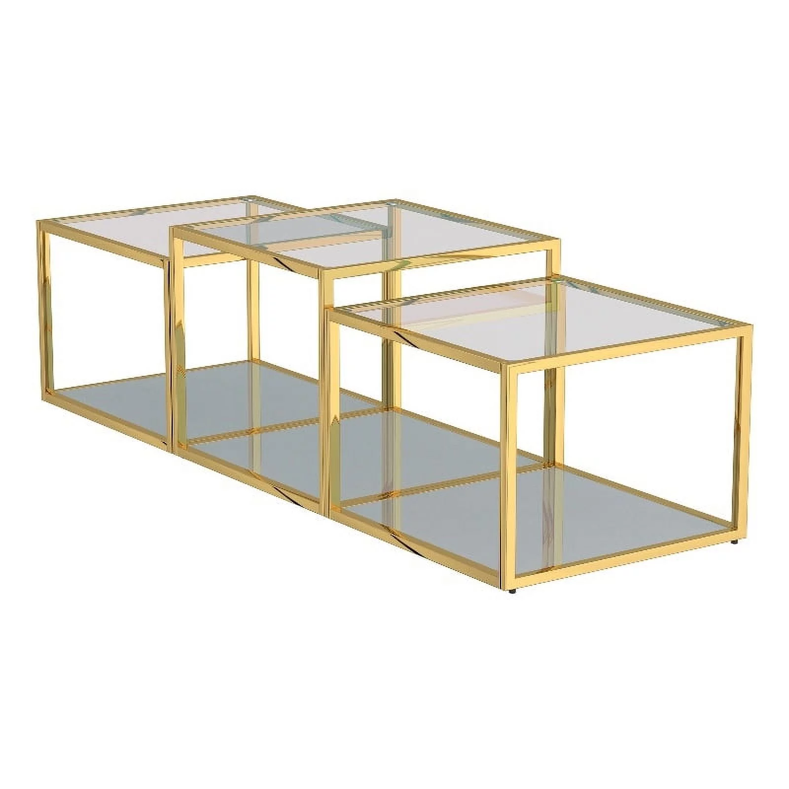 Casini 3-Piece Contemporary Metal and Glass Coffee Table Set in Gold