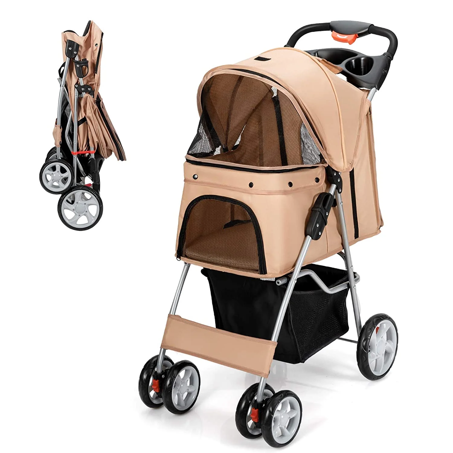 Folding Dog Stroller, Pet Stroller for Small Medium Dogs Cats Puppy, 4 Lockable Wheels Cat Stroller Travel Carrier Strolling Cart with Safety Belt