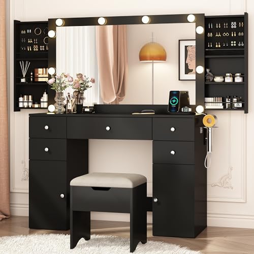 Vanity Desk with Lighted Mirror & Power Outlet, Makeup Vanity Table with 5 Drawers & 2 Cabinets, Large Vanity Set with Stool, Glass Top