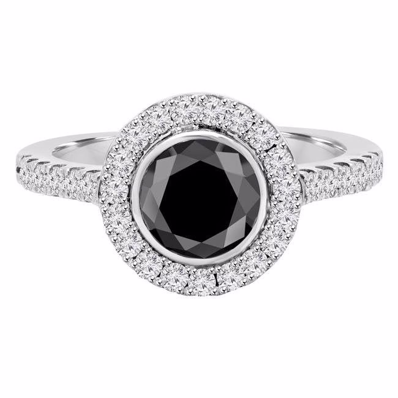 Majesty Diamonds  2 CTW Round Black Diamond Bezel Set Halo Engagement Ring in 14K White Gold with Accents - Size 7.5