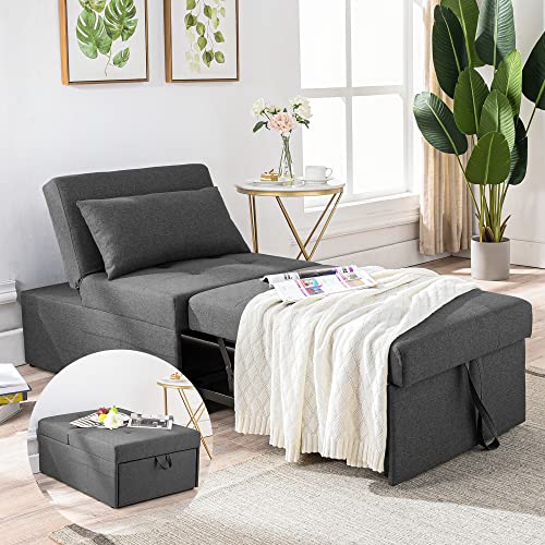 Cozy Castle Sleeper Chair, Convertible Chair Bed, 4 in 1 Ottoman Bed, Pull Out Sofa Bed, Linen Fabric Chaise Lounge, for Living Room/Small Apartment