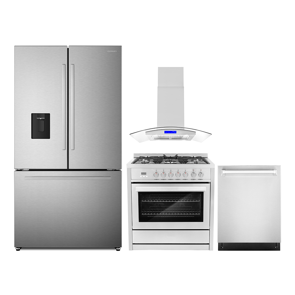 4 Piece Kitchen Package with 36" Freestanding Dual Fuel Range 36" Island Range Hood 24" Built-in Fully Integrated Dishwasher & French Door