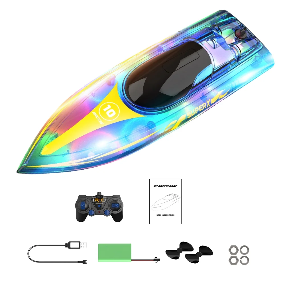 OWSOO 2.4GHz Remote Control Boat with Lights Electric Racing Boat Outdoor Pools Lakes Boat with Night Water Sensor Switch Low-Battery Reminder for
