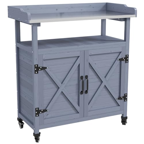 Outsunny Outdoor Wooden Potting Bench Table, Garden Workstation with Storage Cabinet, Aluminum Table Top, Rubber Wheels for Backyard, Patio, Balcony