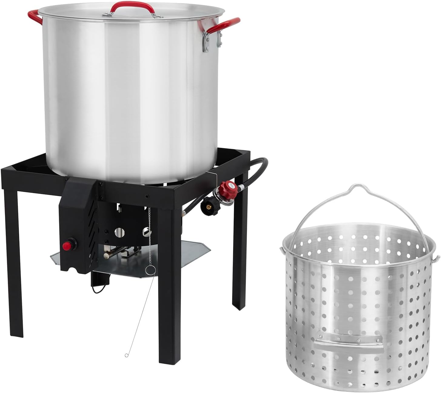 80 Qt Seafood Boil Pot, Aluminum Crawfish Boiler with Steam/Boil Basket & Strainer, 110000BTU Propane Jet Burner w/Support Rack & Lifting Hook