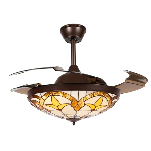 42 Inch Tiffany Style Ceiling Fan Stained Glass Ceiling Fan Retractable Ceiling Fan with Light and Remote Control 3 Speed