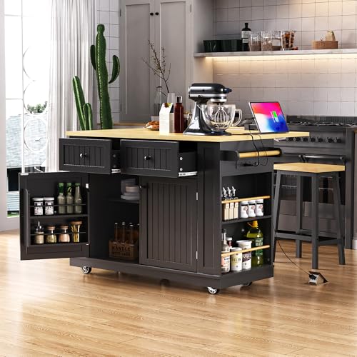 Kitchen Island with Drop Leaf & Power Outlet, Rolling Kitchen Islands Cart with 5 Open Storage Shelves & Towel Rack