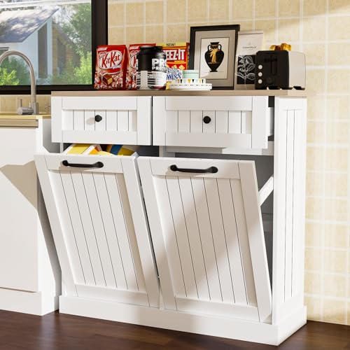 HTK Double Tilt Out Trash Cabinet – Farmhouse Hidden Trash Can Kitchen Cabinet, Space-Saving Design, Additional Storage, Fits 2x10 Gallon Bins