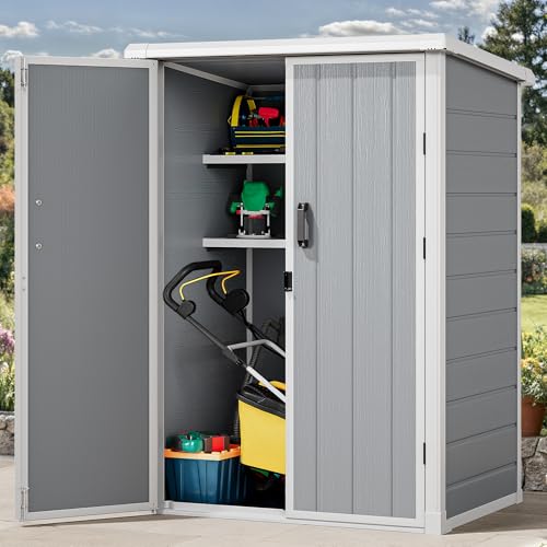 DWVO 60 Cuft Outdoor Tall Storage Shed with 2 Shelves, Weatherproof Vertical Tool Shed with Floor & Lockable Doors