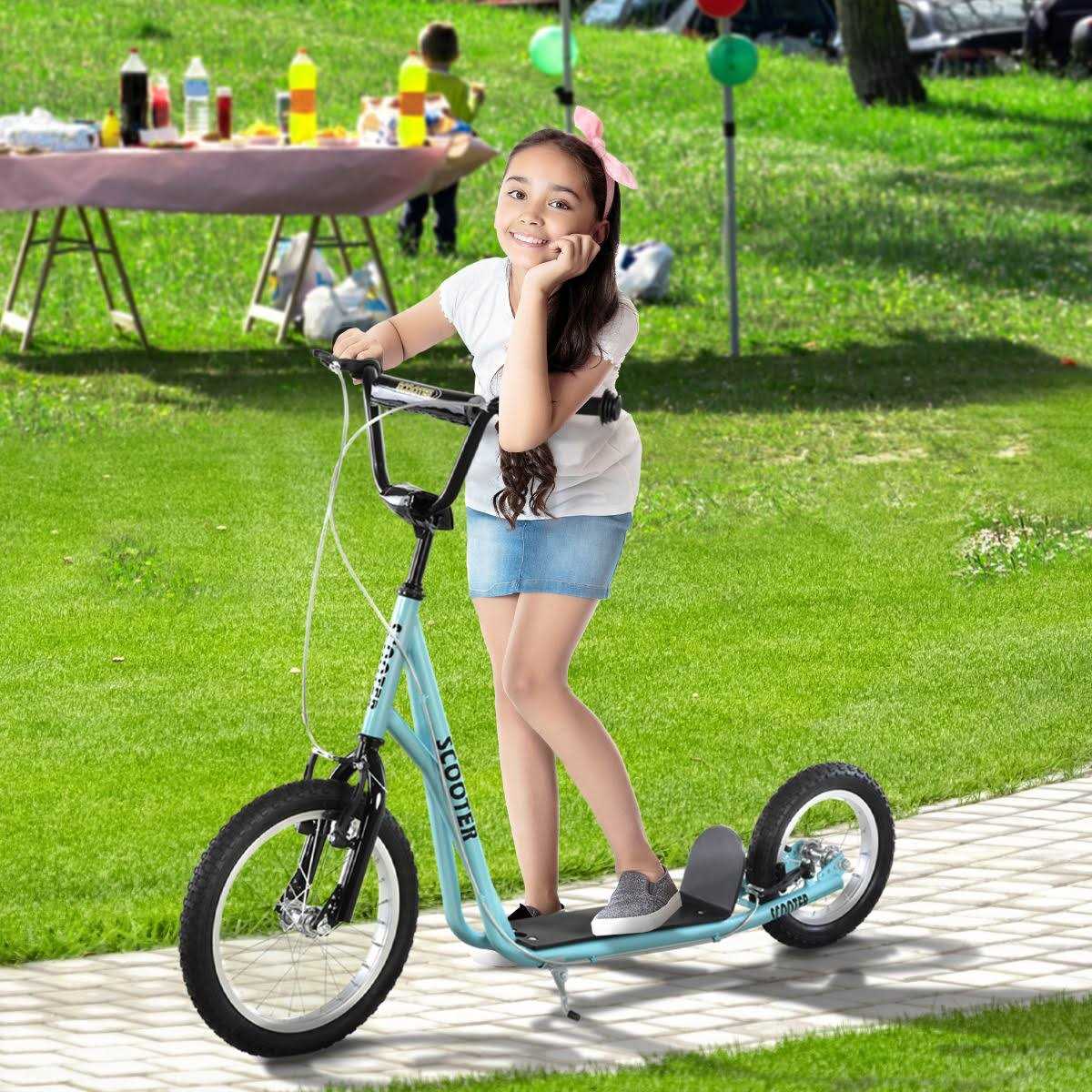 Aosom Youth Kick Scooter Adjustable Handlebar Teens Ride on Toy for 5+ w/ Front and Rear Dual Brakes Inflatable Wheels - Sports Supplies Online Store