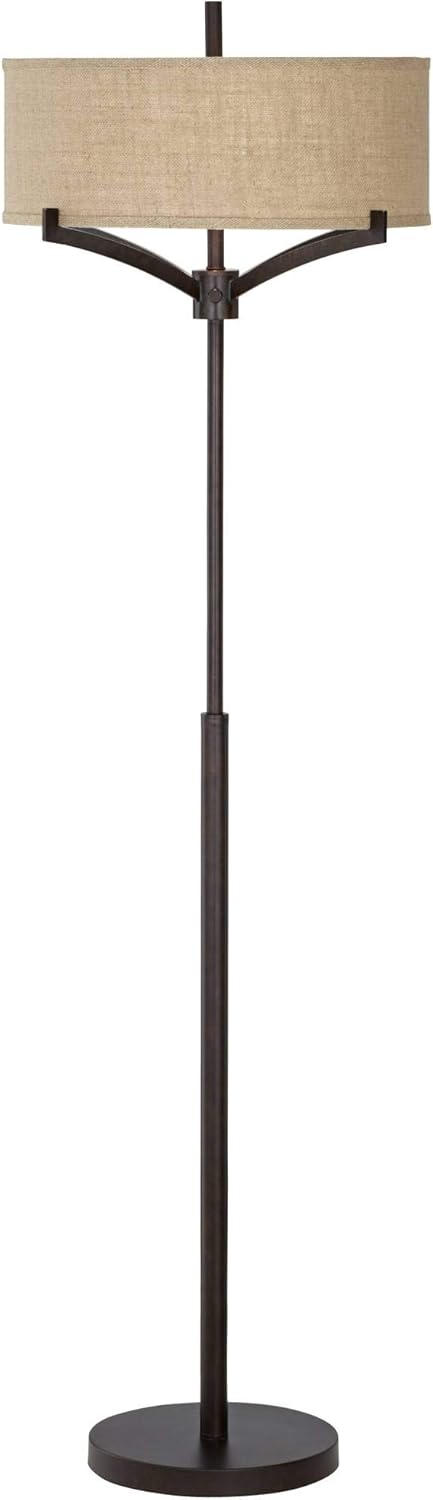 Franklin Iron Works Tremont Modern Mid Century Floor Lamp Standing 62" Tall Deep Bronze Metal Tan Burlap Drum Shade for Living Room Reading Bedroom