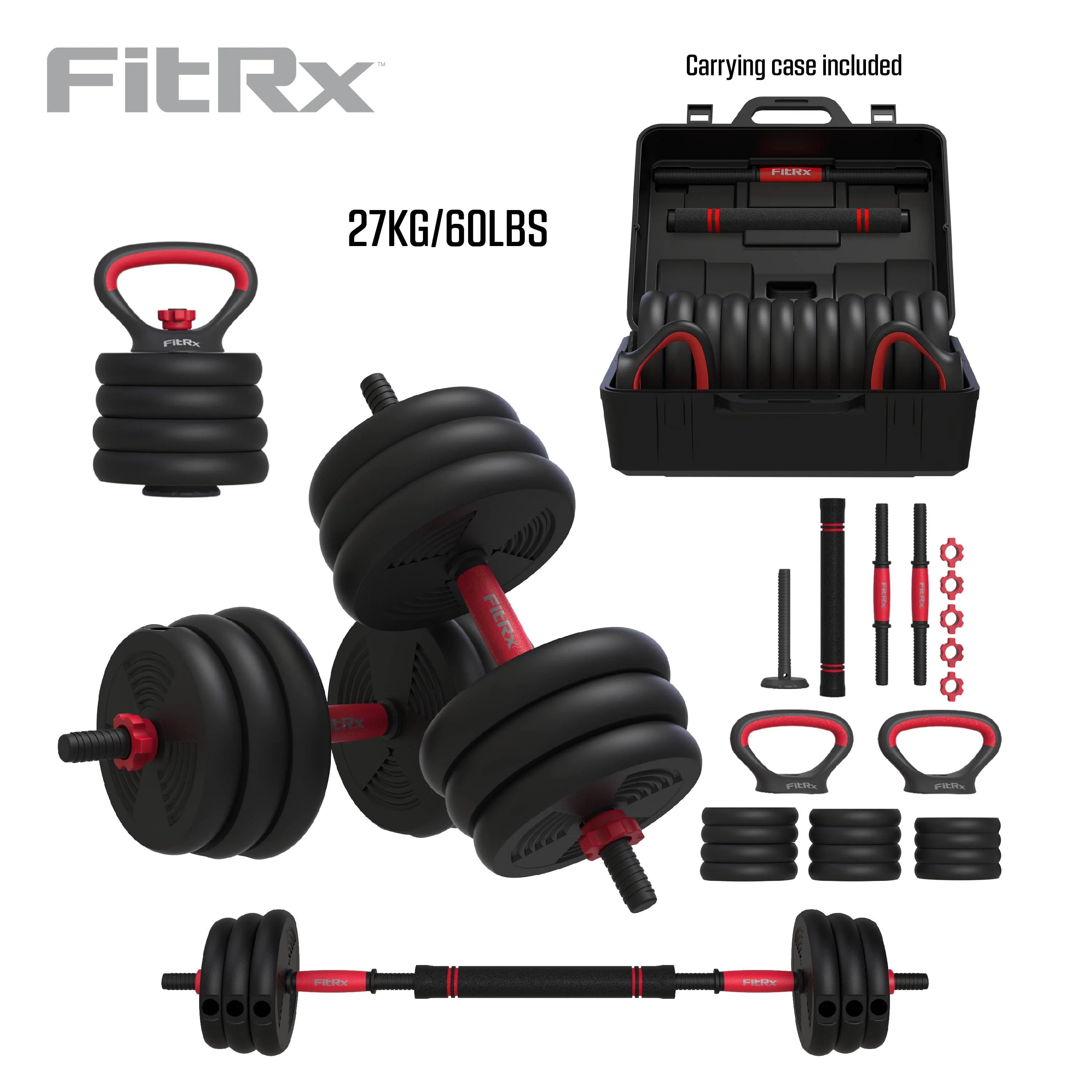 FitRx SmartBell Gym, 60 lbs. 4-in-1 Adjustable Interchangeable Dumbbell, Barbell, and Kettlebell Weight Set, Black