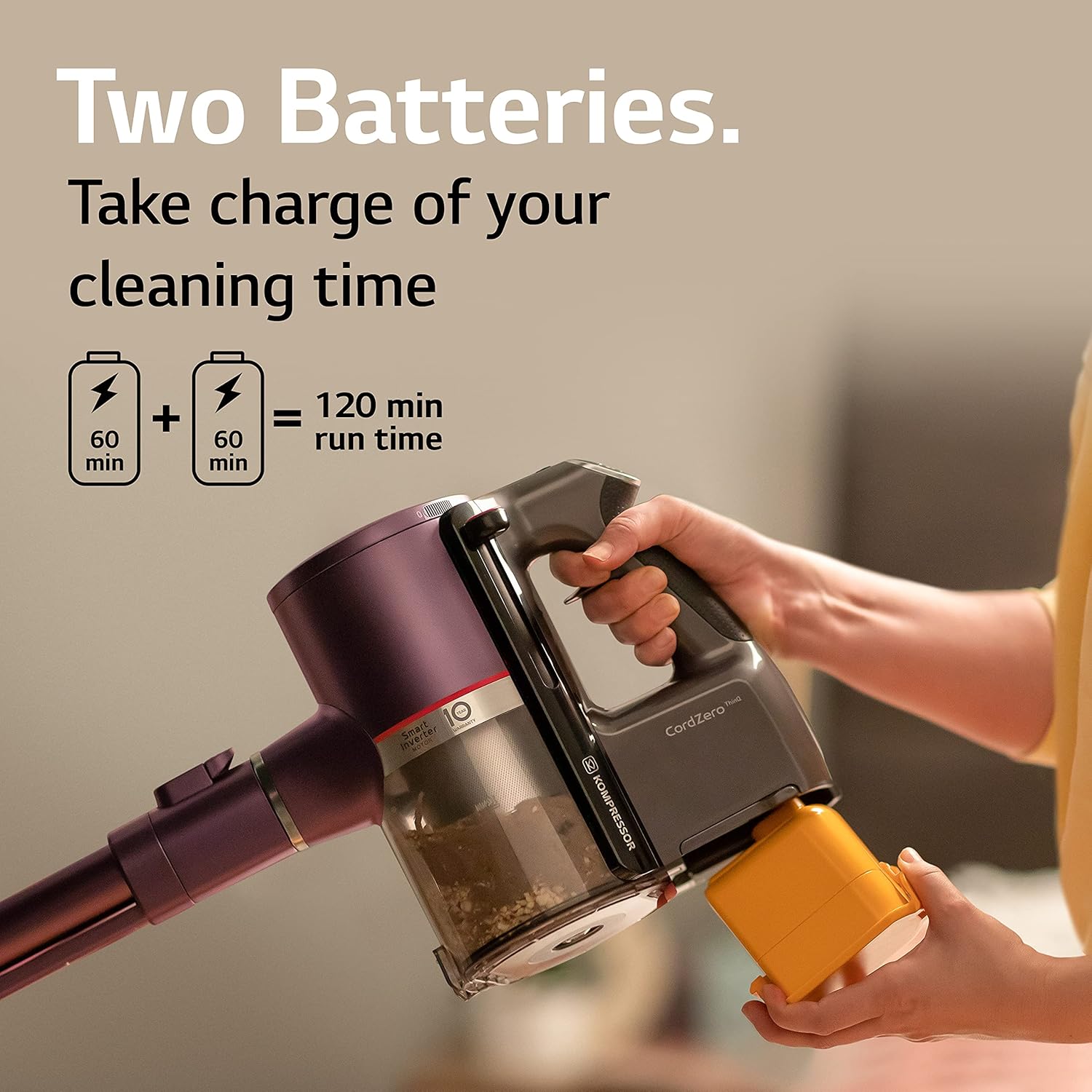 LG CordZero Cordless Stick Vacuum Cleaner, Hard Floor, Carpet, Wet Mop, Car, Powerful Suction, High-Capacity Dust Bin, Extra Battery, Up to 120 Min
